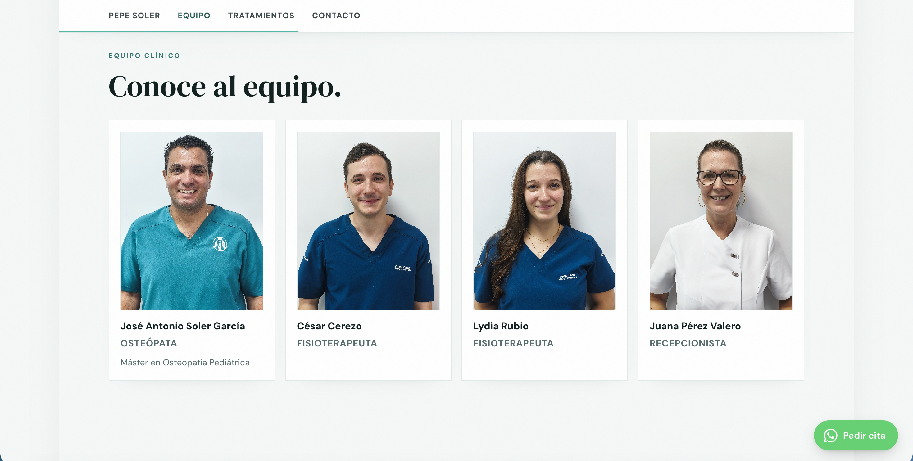 Captura de la sección de equipo de Clínica Pepe Soler