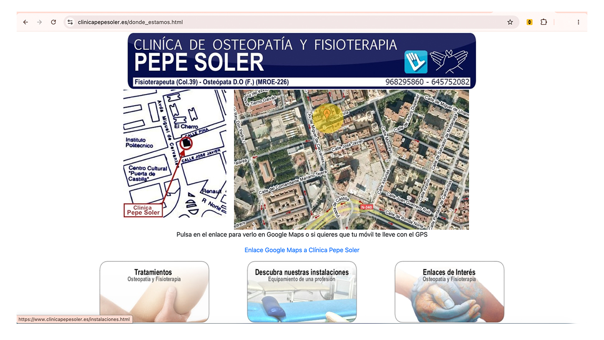 Captura de ubicación de la web antigua de Clínica Pepe Soler