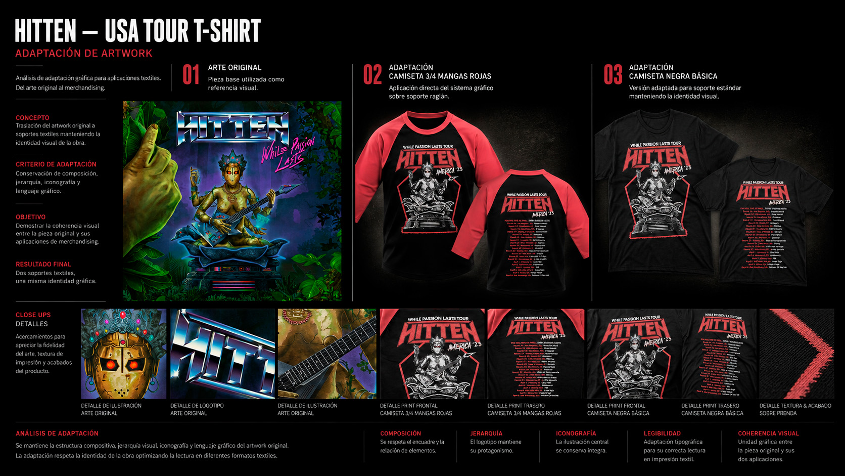 Estudio de adaptación del artwork Hitten USA Tour a camisetas raglan y negra